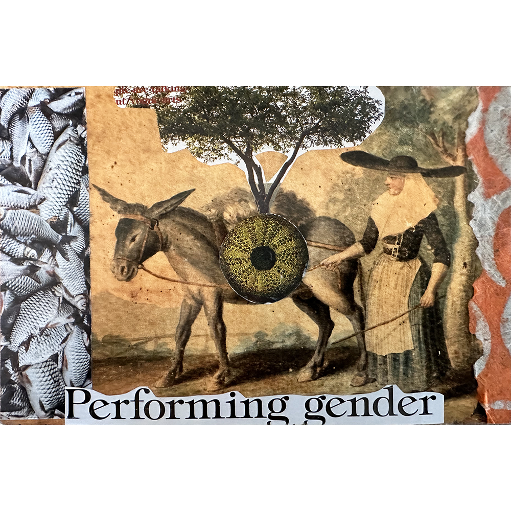 Altered Postcards Class Sample with donkey, fish, shell, antique image of a woman, tree, "Performing Gender"