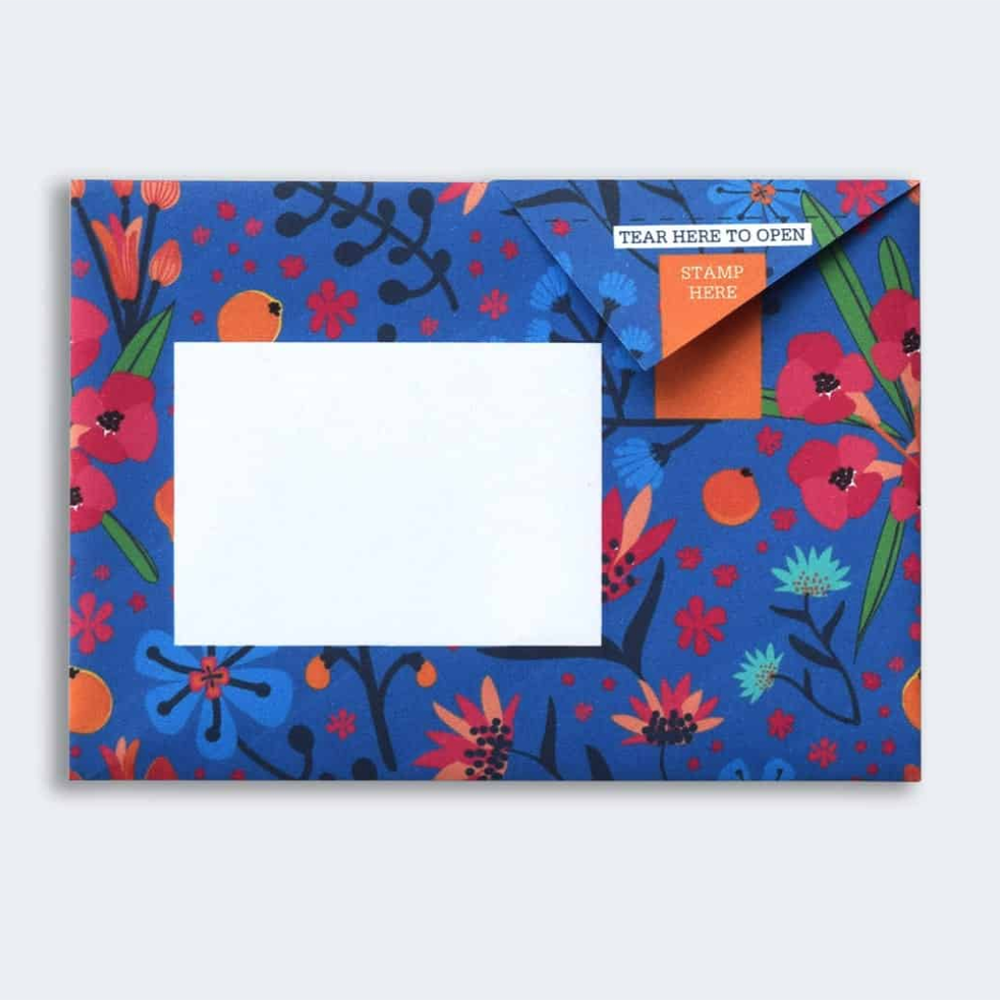Pigeon Post- Midnight Garden sample with flowers on blue background showing address area