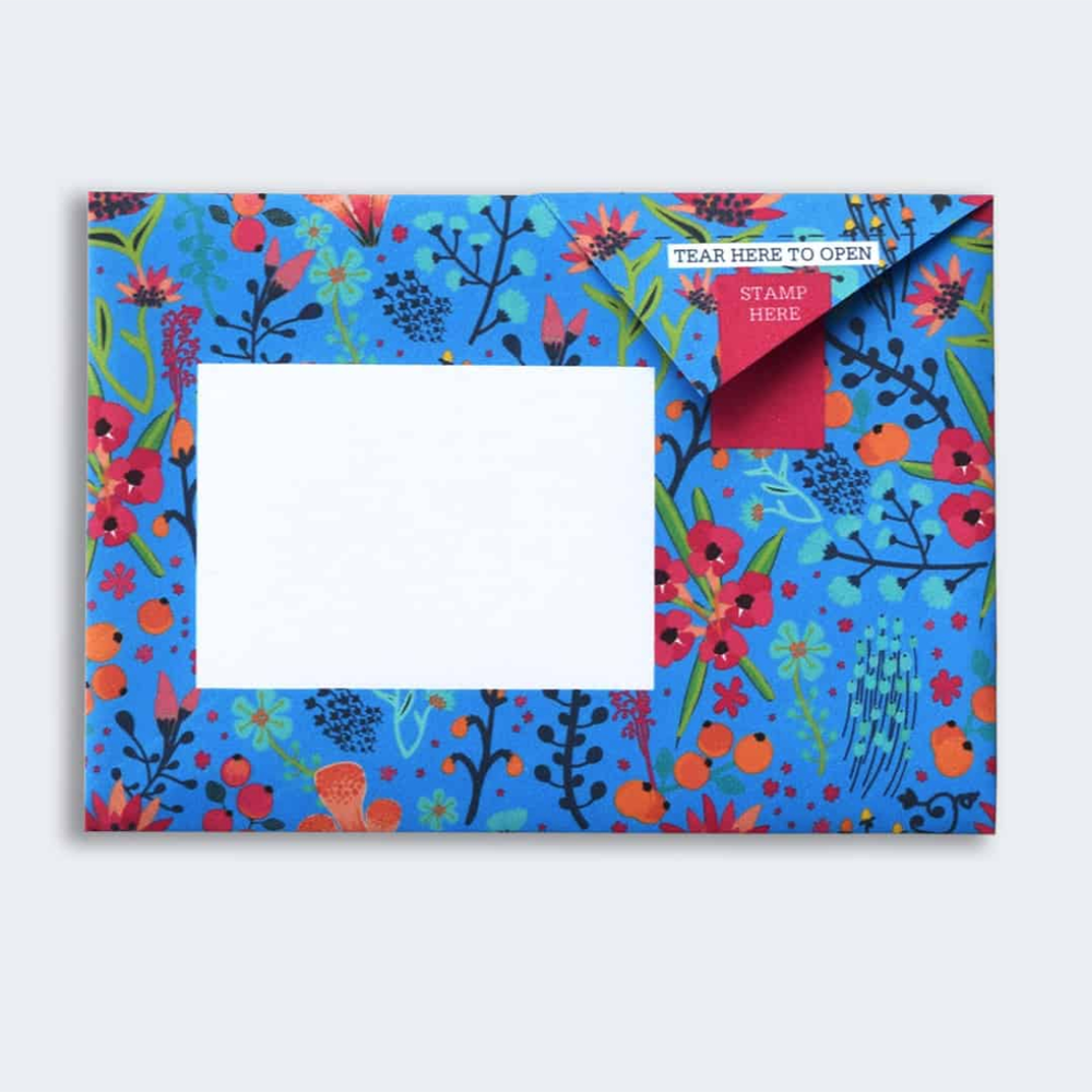 Pigeon Post- Midnight Garden sample with flowers on bright blue background showing address area