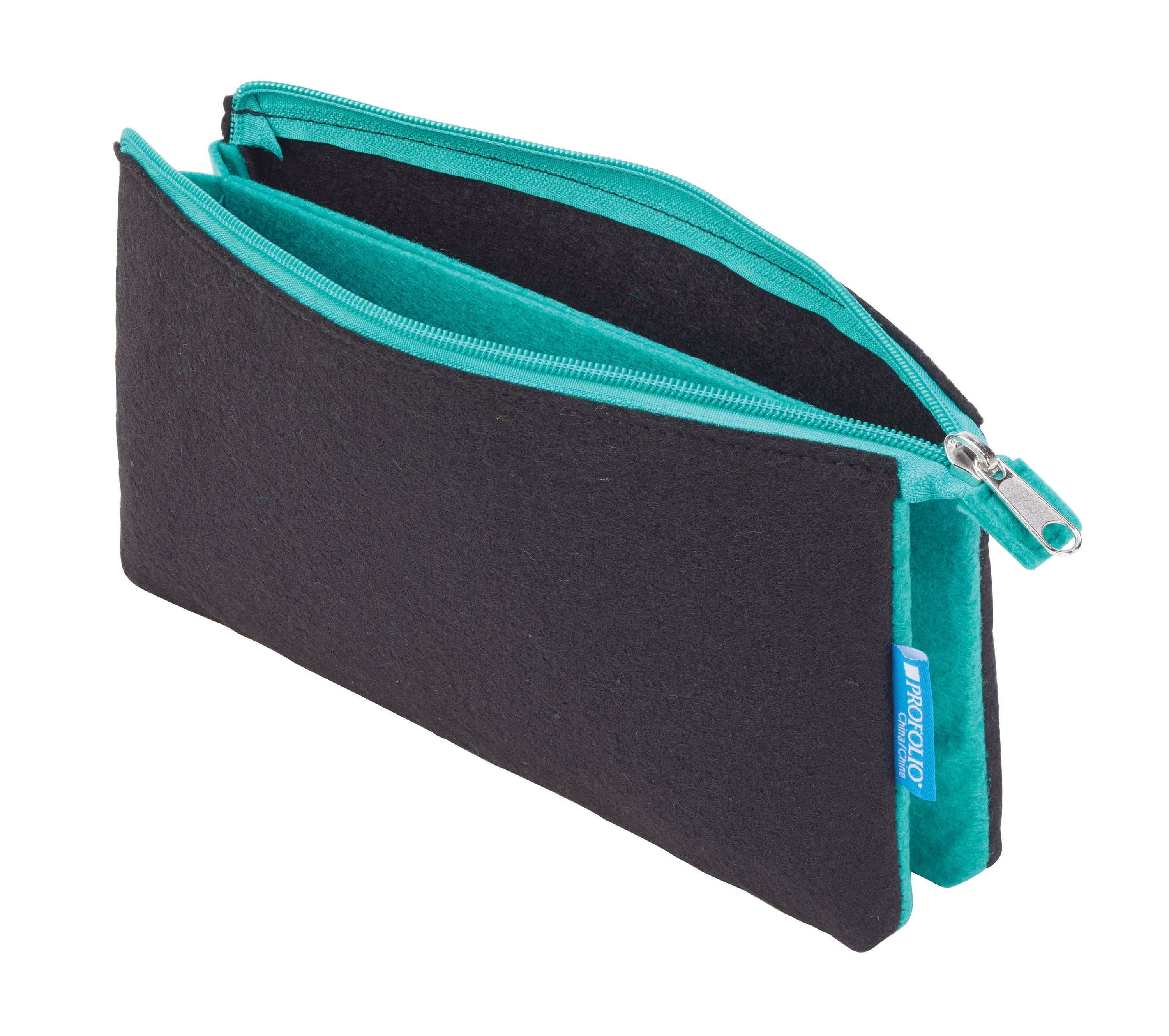 A black felt pouch with a bright green zipper and interior lining, shown open on a white background. 