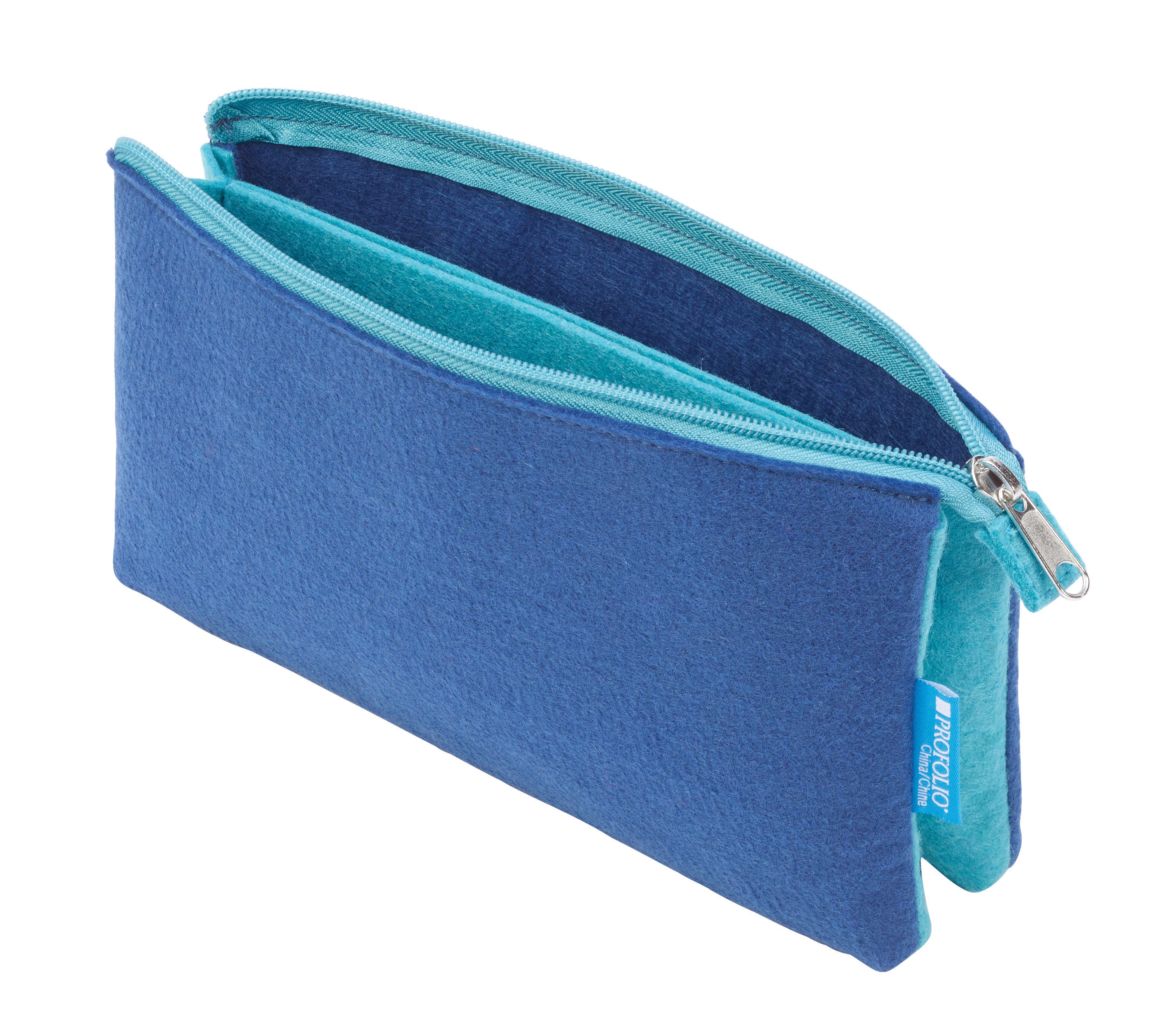 A blue felt zipper pouch with a teal interior lining and a silver metal zipper pull, shown open on a white background.