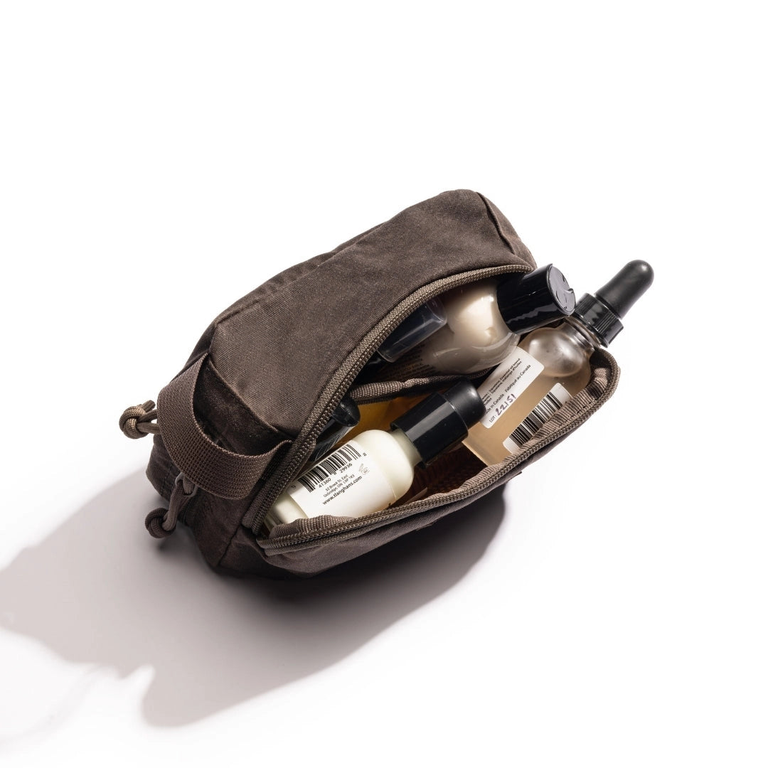Lochby Mini Venture pouch used for travel accessories.   Items shown in pouch not included. 