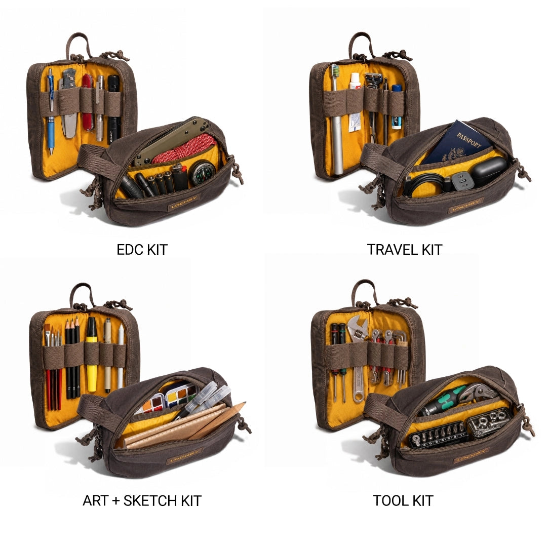 Four-panel collage showing the same brown canvas organizer pouch opened with different labeled kit contents: EDC KIT, TRAVEL KIT, ART + SKETCH KIT, and TOOL KIT. The pouch has a dark brown exterior, yellow-orange interior lining, elastic straps, and zip compartments filled with pens, tools, sketch paper, and accessories.
Items shown in pouch not included. 