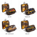 Four-panel collage showing the same brown canvas organizer pouch opened with different labeled kit contents: EDC KIT, TRAVEL KIT, ART + SKETCH KIT, and TOOL KIT. The pouch has a dark brown exterior, yellow-orange interior lining, elastic straps, and zip compartments filled with pens, tools, sketch paper, and accessories.
Items shown in pouch not included. 