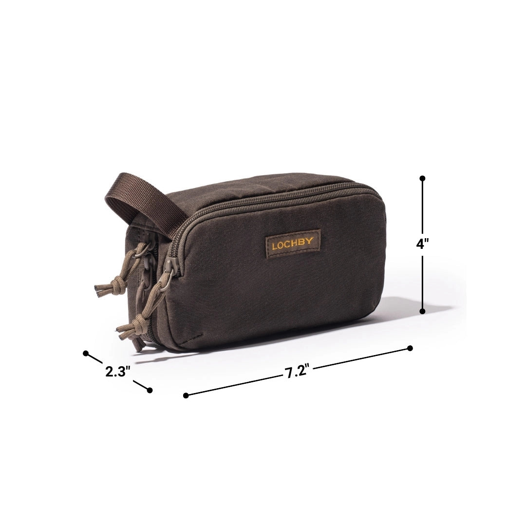 Brown pouch with measurements on a white background
