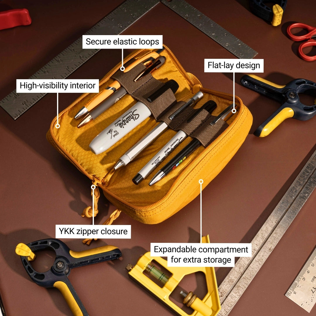 Interior of Mini Venture Pouch used as a tool pouch with features labeled on a brown background with tools.  Items shown in pouch not included. 