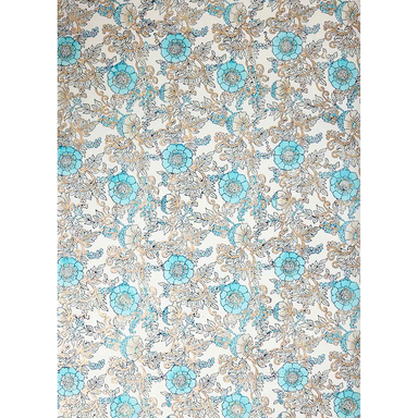 Wild rose and leaf patterned paper with turquoise and dark blue on a white background with gold accents- full sheet