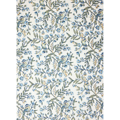 Floral and bird patterned paper with blue flowers and green leaves on a white background- full sheet