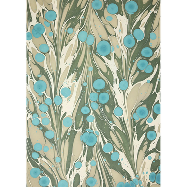 Marbled paper with blue and green patterns on a white background- full sheet