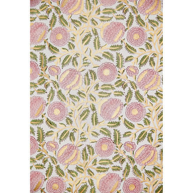 Handmade Indian Cotton Paper- Block Printed Marigold floral pattern with pink flowers and gold vines- full sheet