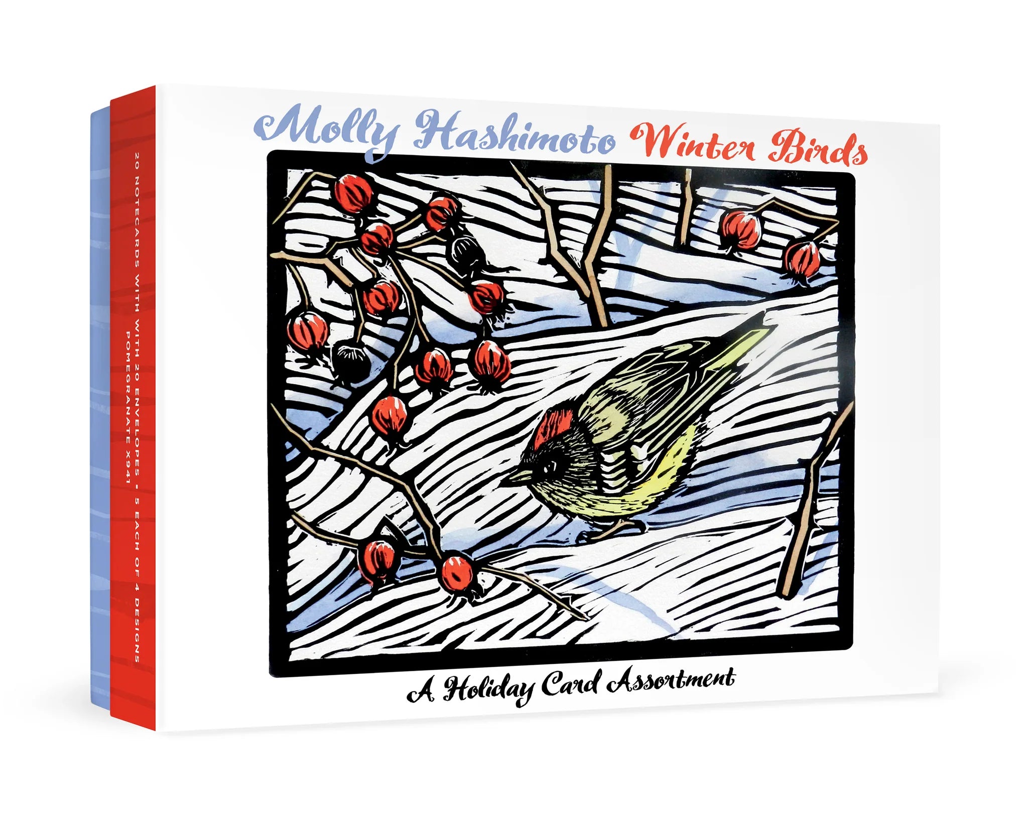 Boxed card assortment titled 'Molly Hashimoto Winter Birds: A Holiday Card Assortment,' showing illustrated winter bird artwork on the front with red berries, a bird in profile, and blue-and-red side panels.