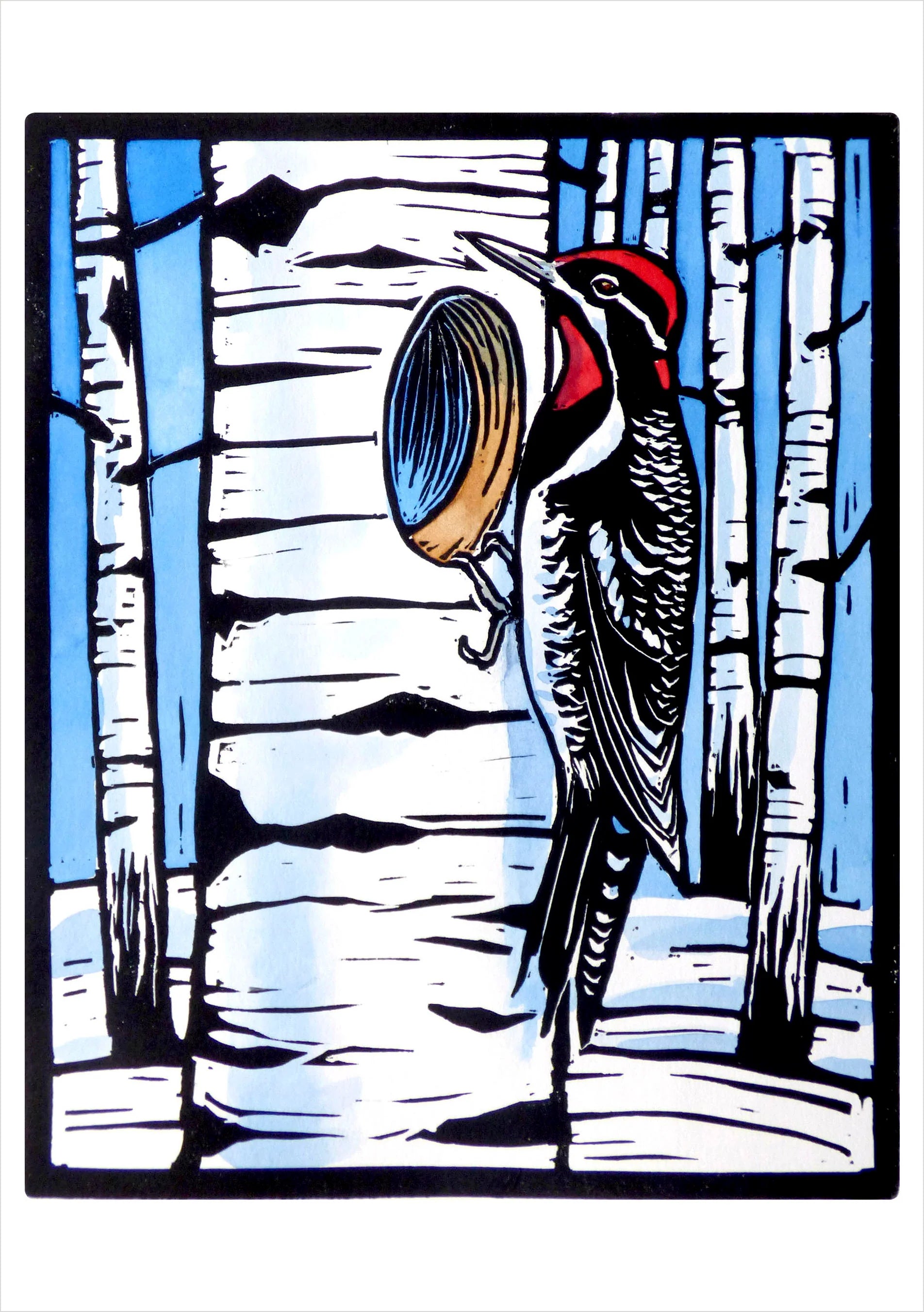 A stylized woodcut-style illustration of a woodpecker holding a nut against a background of birch trees, with bold black outlines and blocks of blue, white, black, red, and tan.