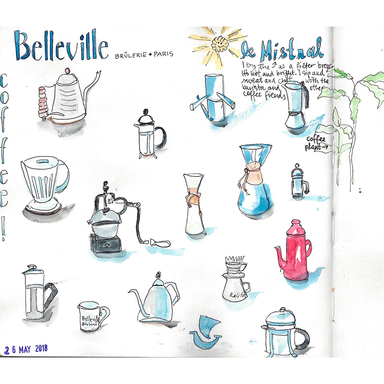 Drawing – A Path to Daily Meditation Class sample- coffee pots illustration with watercolor accents