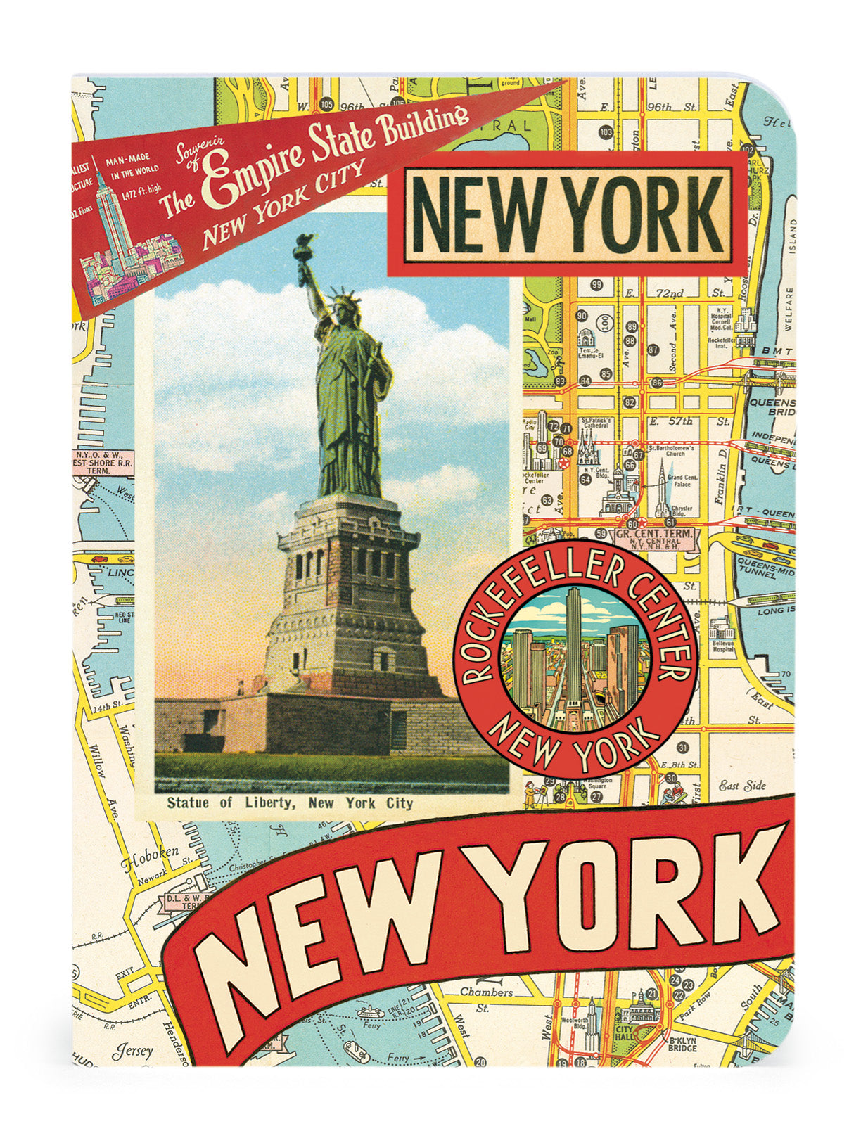 Vintage-style New York City mini notebook with landmarks and map