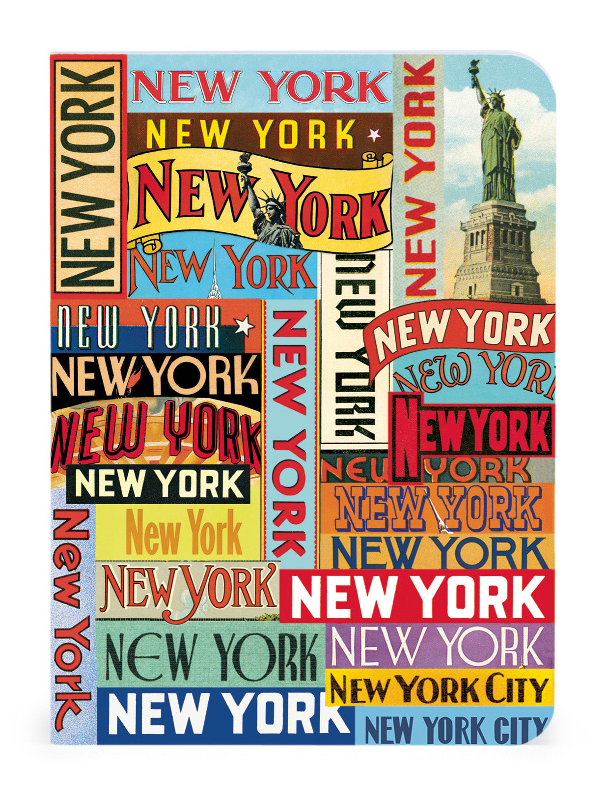 Mini notebook featuring collage of 'New York' text in various fonts and colors with landmarks on a blue background