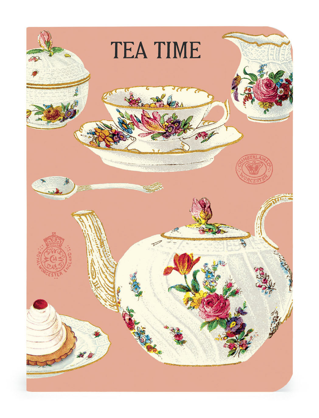 Mini notebook with decorative tea time design with teapots, teacups, and a cake on a pink background.