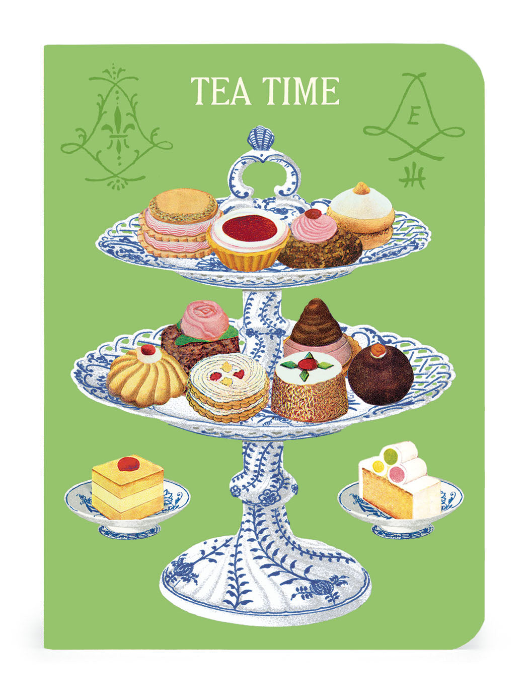 Cavallini & Co. Tea Time Mini Notebook Set- example cover with a design of a tea time stand with pastries on a green background
