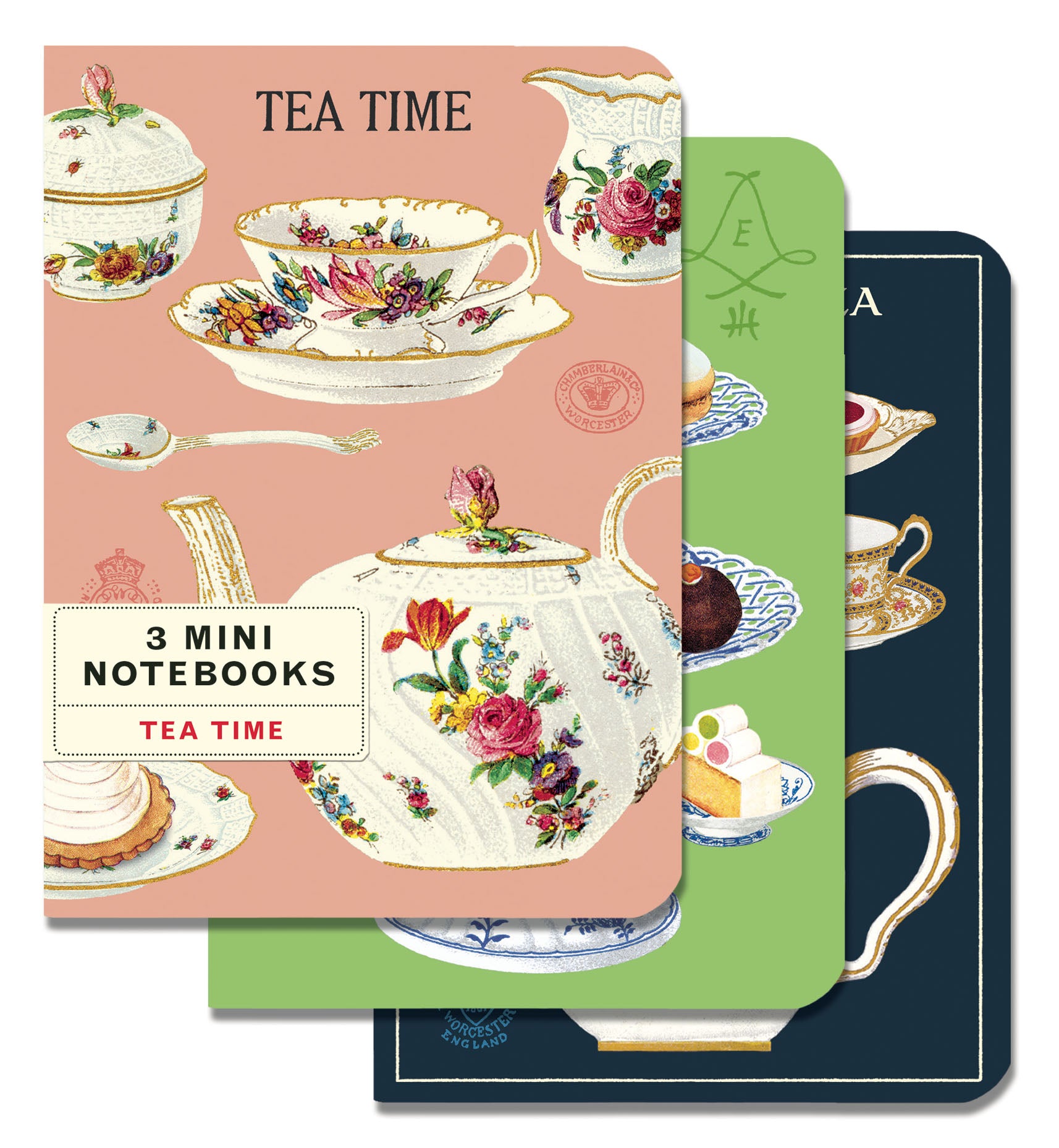 Cavallini & Co. Tea Time Mini Notebook Set- Set of three mini notebooks with tea-themed designs on a white background