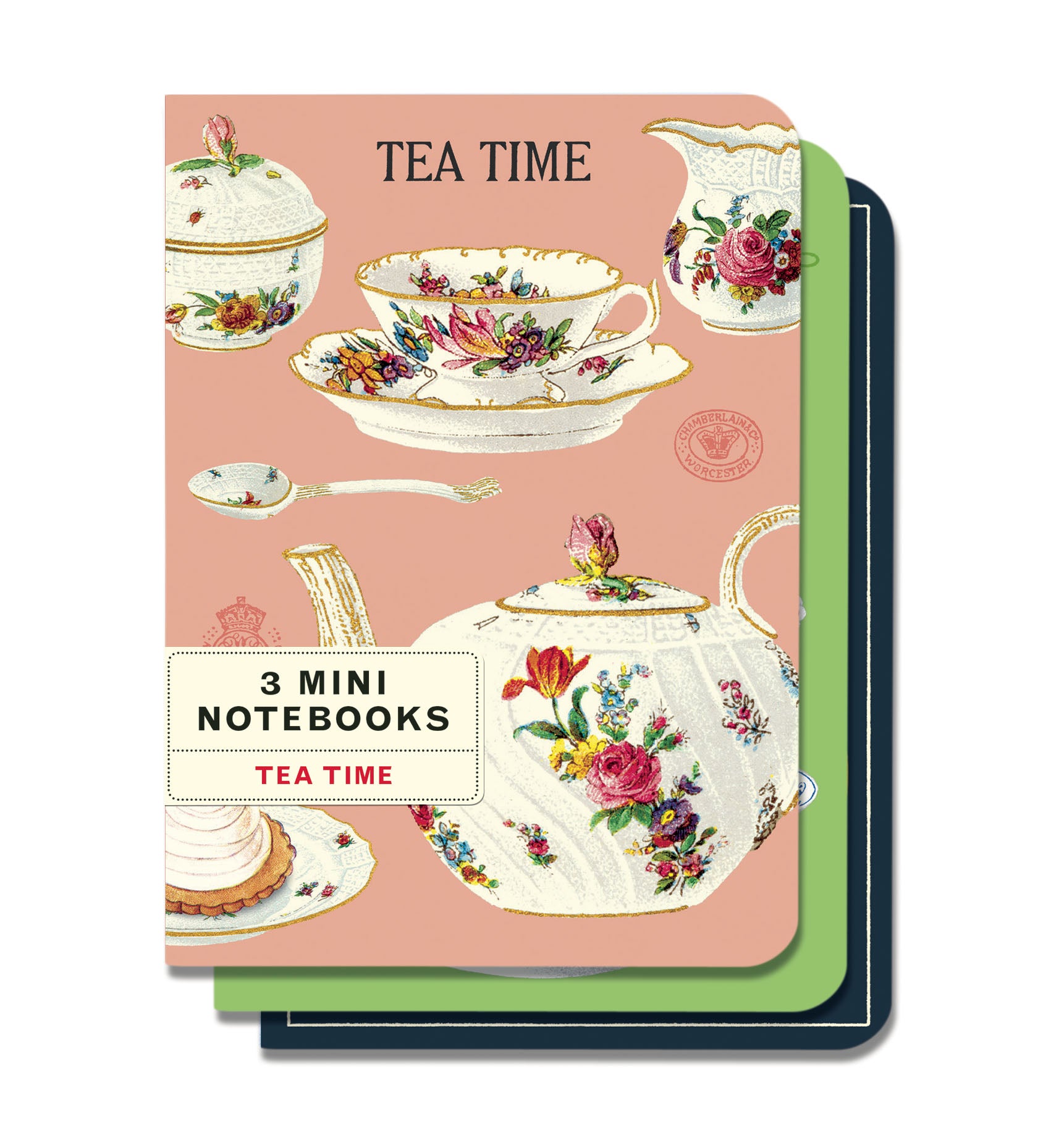 Cavallini & Co. Tea Time Mini Notebook Set- Set of three mini notebooks with tea-themed design on a pink background