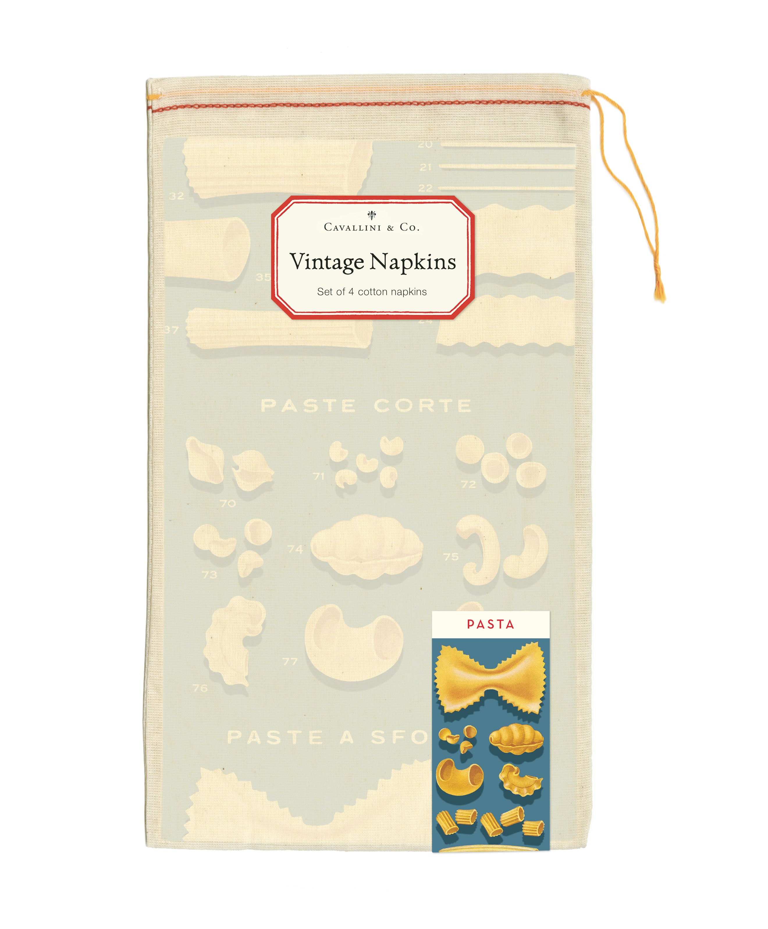Cavallini & Co. Pasta Cotton Napkins- 4- Pack of vintage-style pasta-themed napkins with illustrations on a light green background.