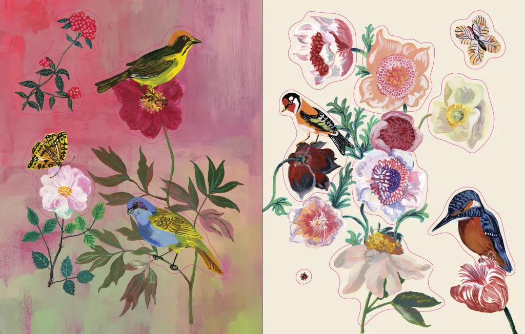 Nathalie Lété Sticker Book- example pages- Illustrations of birds and flowers on a pink and beige background 