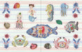 Nathalie Lété Sticker Book- example pages- Illustrated stickers of sea creatures and plants on a striped background
