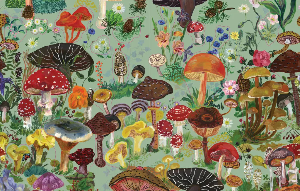 Nathalie Lété Sticker Book- example pages- Colorful pattern of mushrooms and flowers on a green background