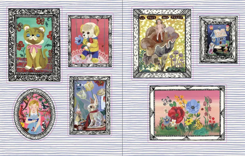 Nathalie Lété Sticker Book- example pages- Collection of framed illustrations on a lined paper background