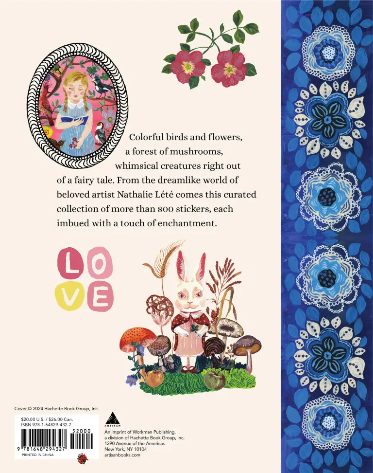 Nathalie Lété Sticker Book- Back cover of a book with illustrations of a fairy, flowers, and mushrooms, and text about stickers by Nathalie Leté.