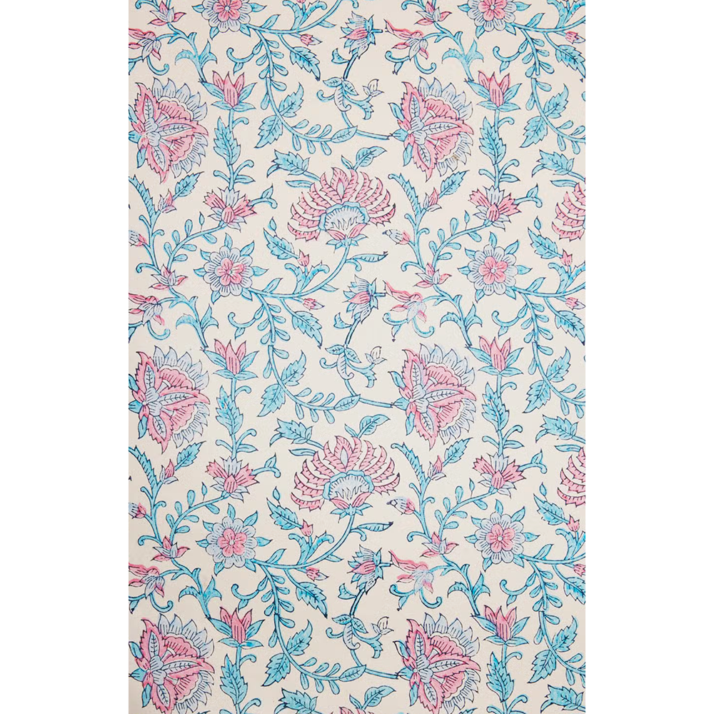 Block printed pink flowers with light blue leaves on white background- full sheet