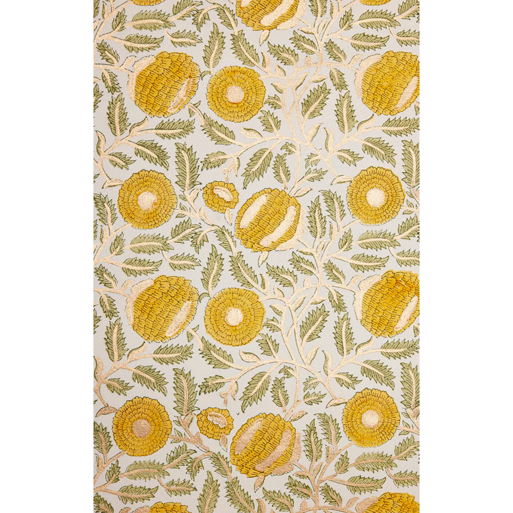 Handmade Indian Cotton Paper- Block Printed Marigold  flowers in yellow- full sheet