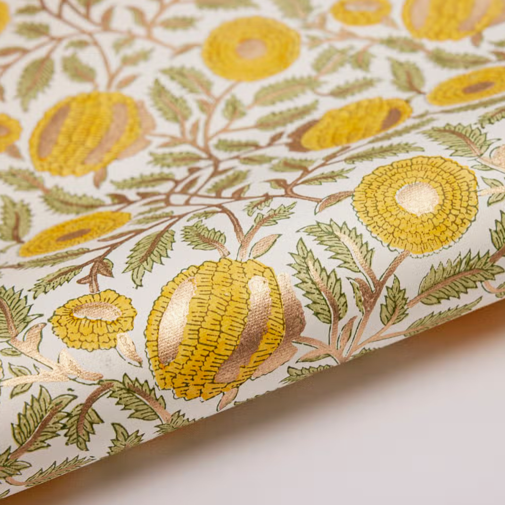 Handmade Indian Cotton Paper- Block Printed Marigold  flowers in yellow- detail