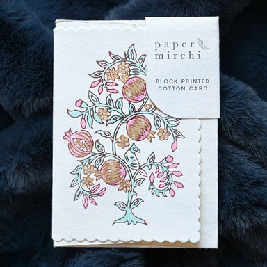 Hand Block Printed Single Card- Pomegrantes and Birds- Mint Rose and gold ink with product packaging