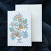 Hand Block Printed Single Card- Pomegrantes and Birds- turquoise, grey, and gold ink  showing scallop edge and envelope