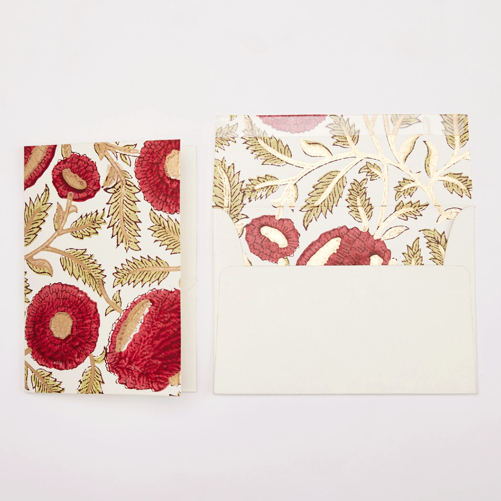 Hand Block Printed Single Card- Flowering Marigold- scarlet red, green, and gold ink showing card and envelope interior