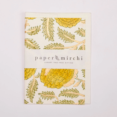 Hand Block Printed Single Card- Flowering Marigold- yellow, green, and gold ink with belly band packaging