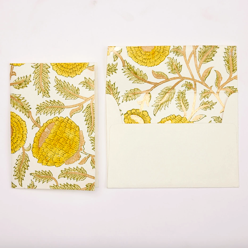 Hand Block Printed Single Card- Flowering Marigold- yellow, green, and gold ink showing card and envelope interior