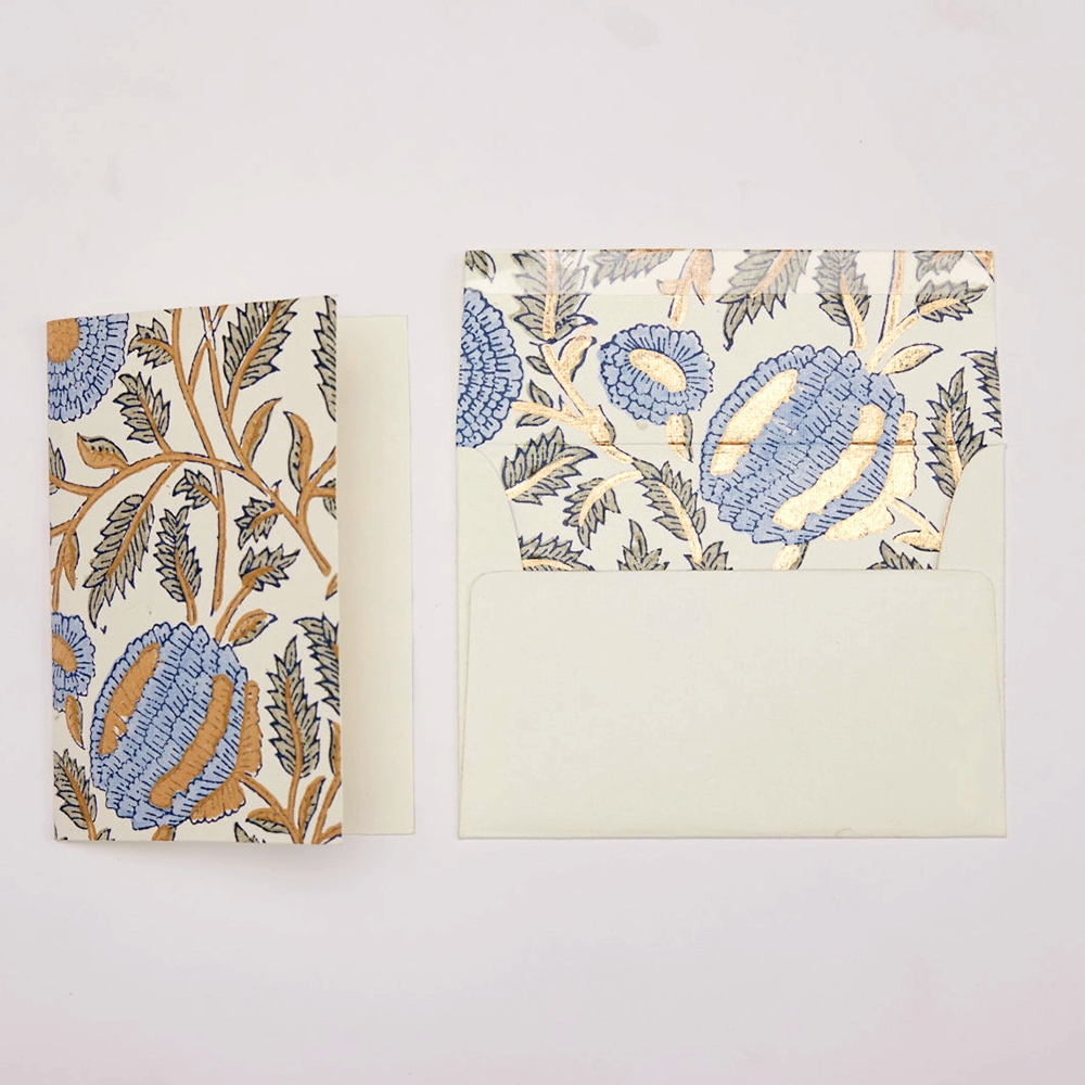 Hand Block Printed Single Card- Flowering Marigold- pale blue, green, and gold ink showing card and envelope interior