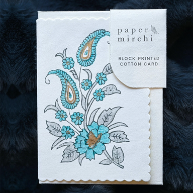 Hand Block Printed Single Card- Paisley Bouquet- Turquoise, grey, and gold ink with product packaging