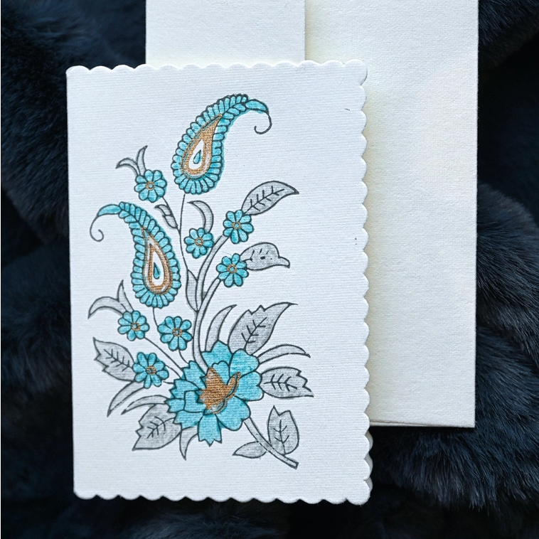 Hand Block Printed Single Card- Paisley bouquet- turquoise, grey, and gold ink  showing scallop edge and envelope
