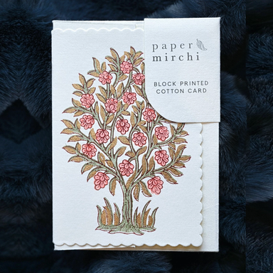 Hand Block Printed Single Card- Flowering tTree- coral, green, and gold ink with product packaging