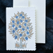 Hand Block Printed Single Card- flowering tree- periwinkle, grey, and gold ink showing scallop edge and envelope