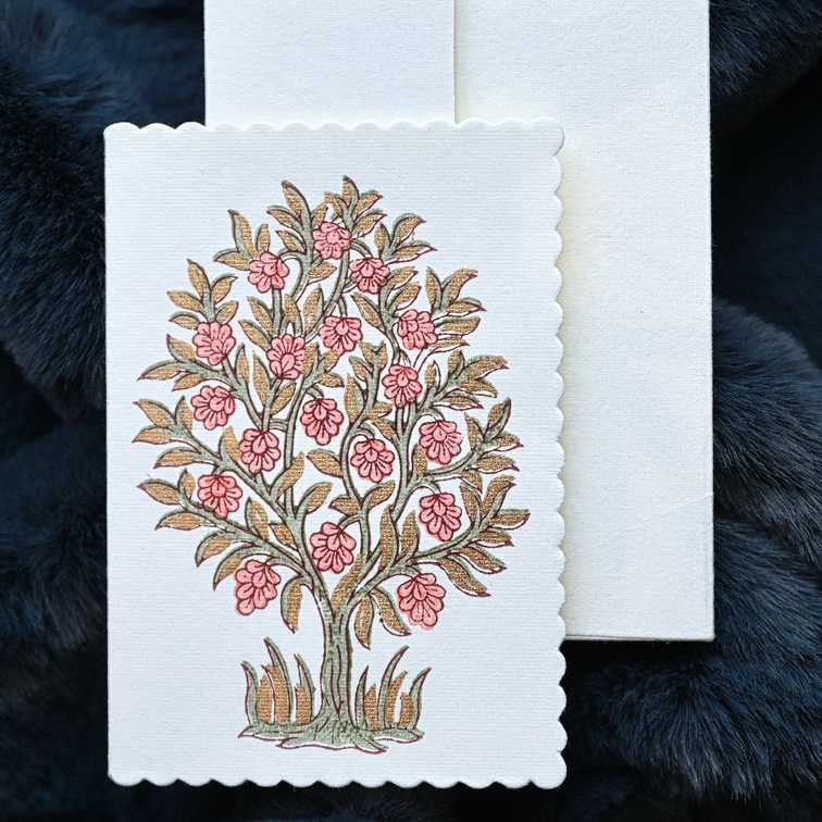 Hand Block Printed Single Card- flowering tree- coral, green, and gold ink showing scallop edge and envelope