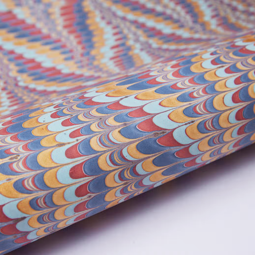 Handmade Indian Cotton Paper- Marbled Scallops- blue, red, gold- detail