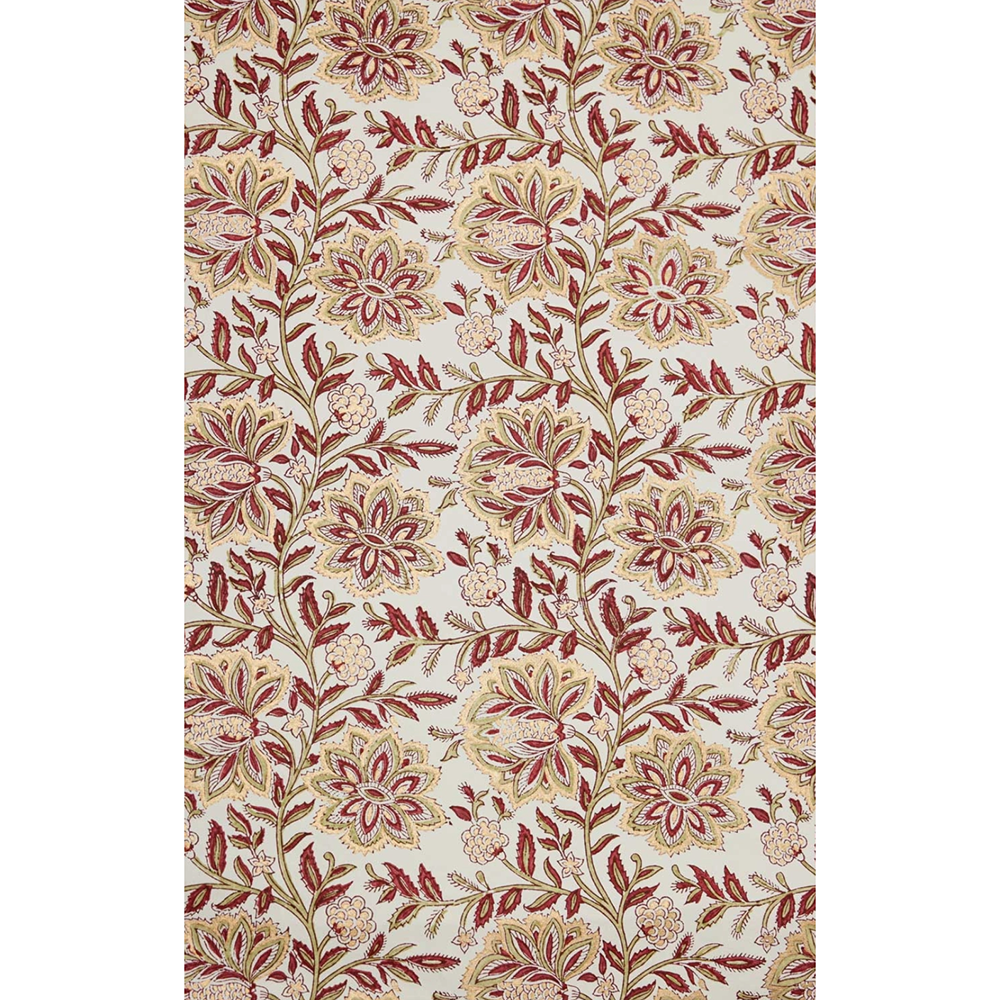Floral patterned paper with red, gold and green design on a white background