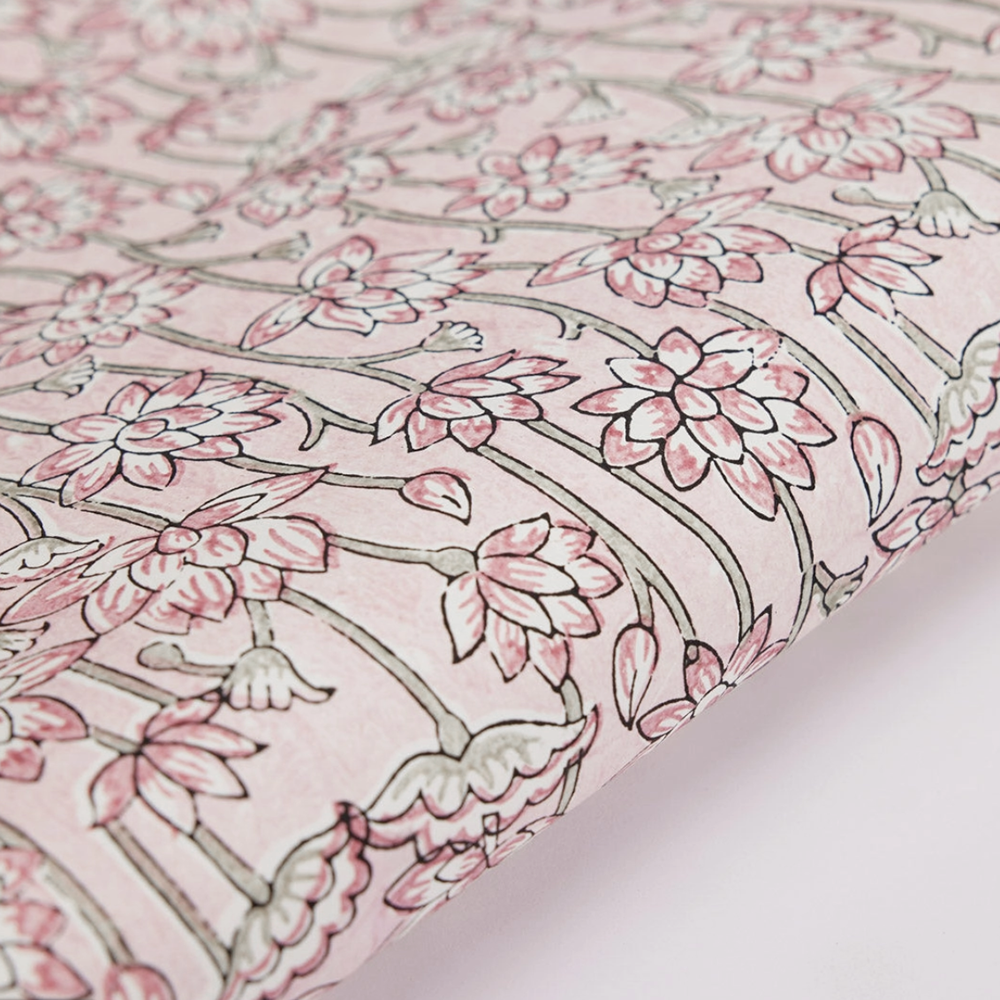Handmade Indian Cotton Paper- Block Printed lotus floral pattern with pink flowers and green stems- detail