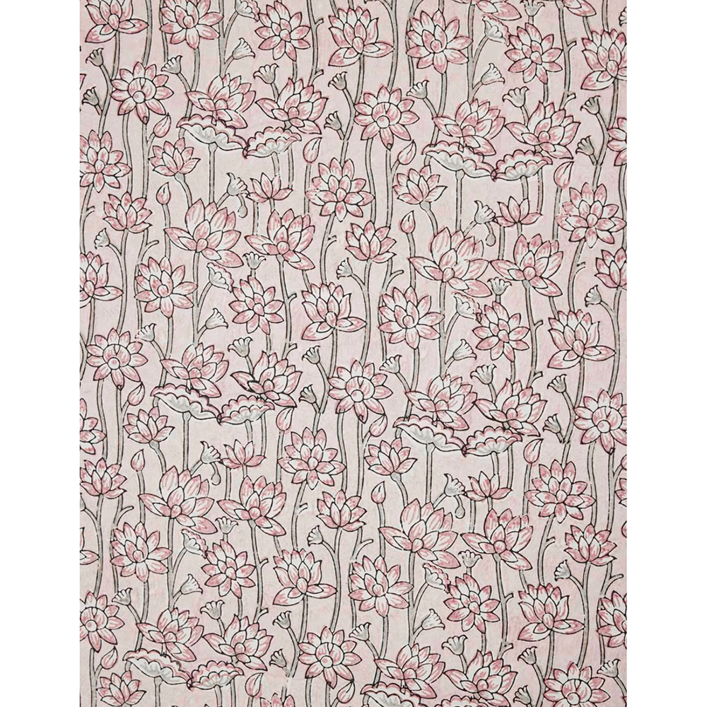 Handmade Indian Cotton Paper- Block Printed lotus floral pattern with pink flowers and green stems- full sheet