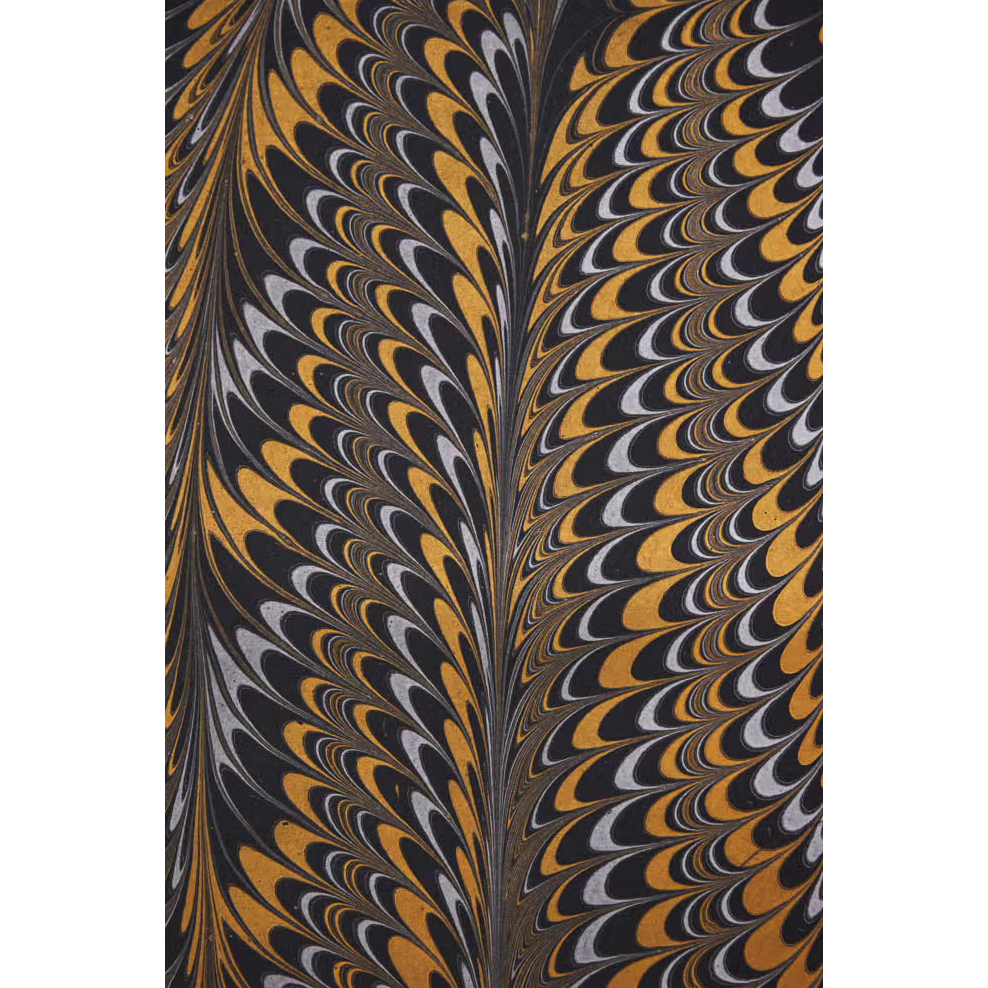 Handmade Indian Cotton Paper- Marbled Peacock pattern with black, silver and gold- full sheet