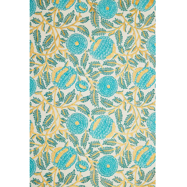 Handmade Indian Cotton Paper- Block Printed Marigold floral pattern with turquoise flowers and gold vines- full sheet