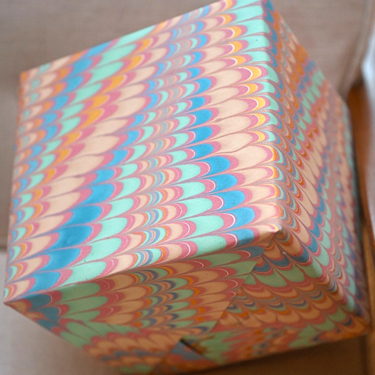 Handmade Indian Cotton Paper- Marbled Scallops- mint, rose, gold- used for wrapping a package